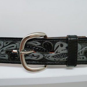 Nocona MF Western Products Black & Gray Leather Belt Embossed Scrolled Detail  S